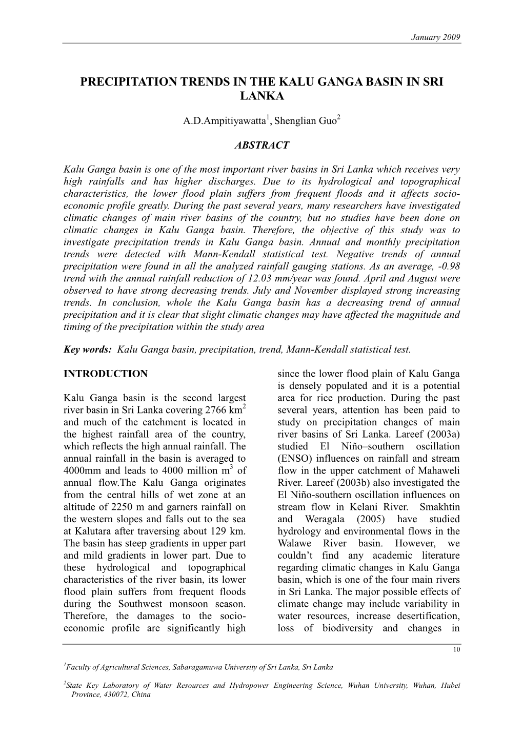 Precipitation Trends in the Kalu Ganga Basin in Sri Lanka