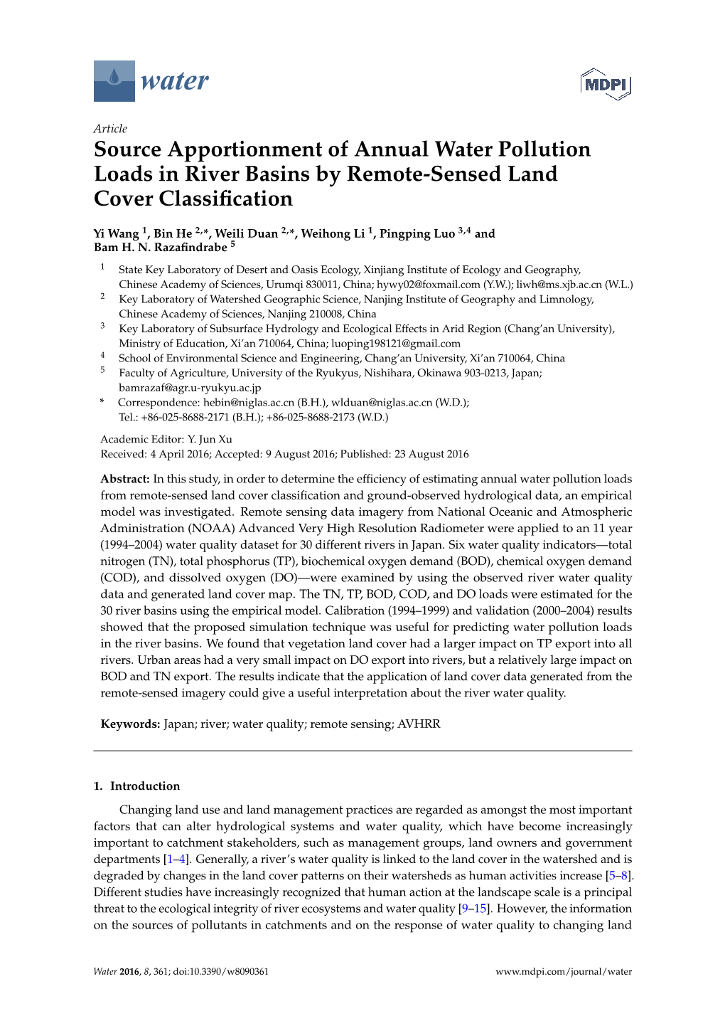 Source Apportionment of Annual Water Pollution Loads in River Basins by Remote-Sensed Land Cover Classiﬁcation