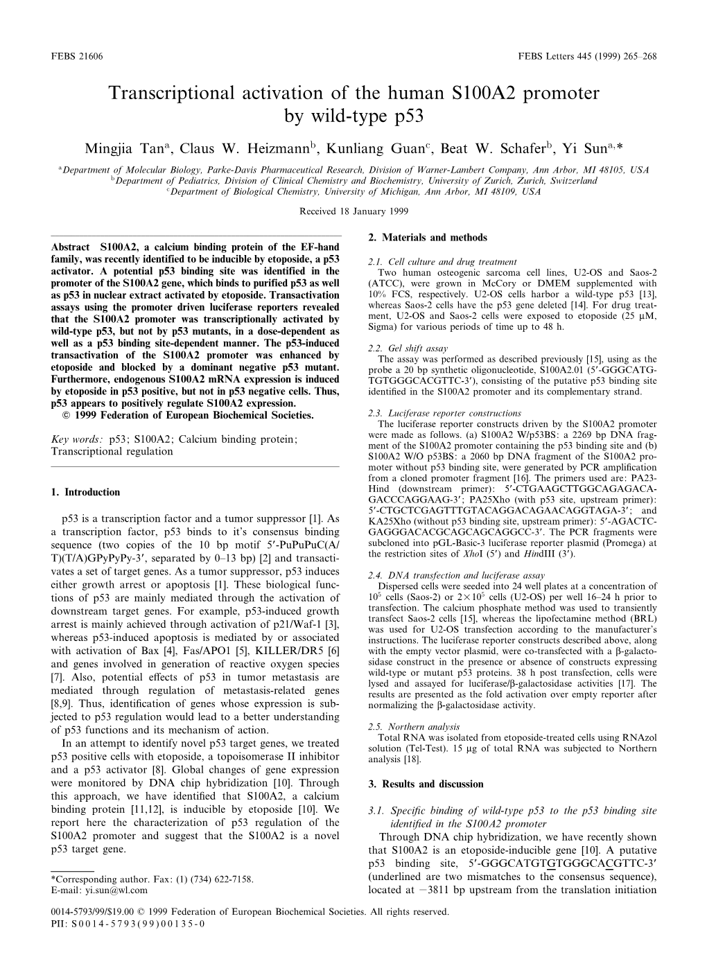 Transcriptional Activation of the Human S100A2 Promoter by Wild-Type P53