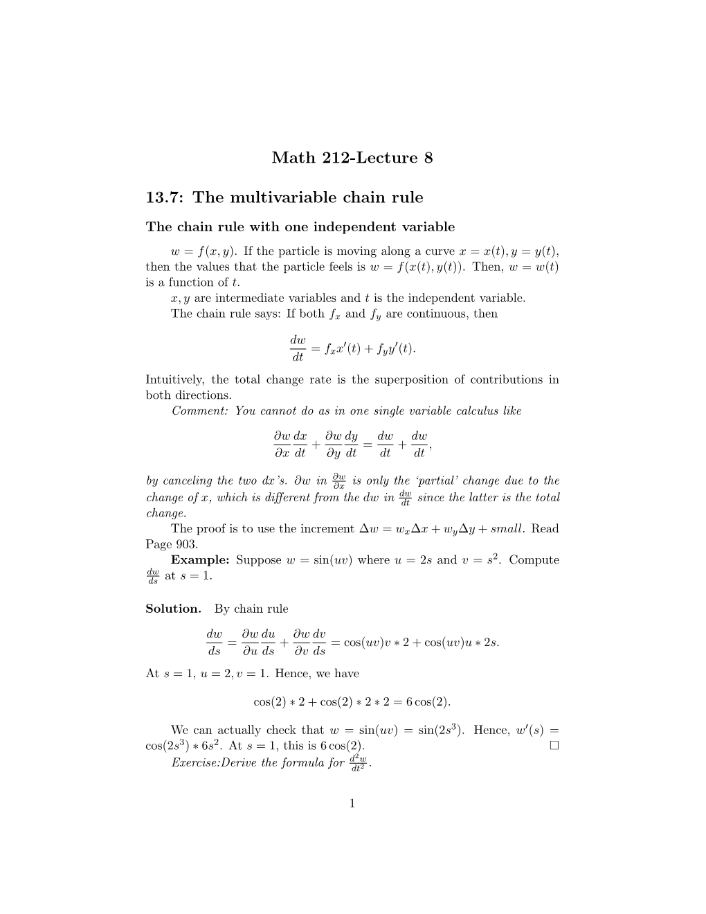 Math 212-Lecture 8 13.7: the Multivariable Chain Rule