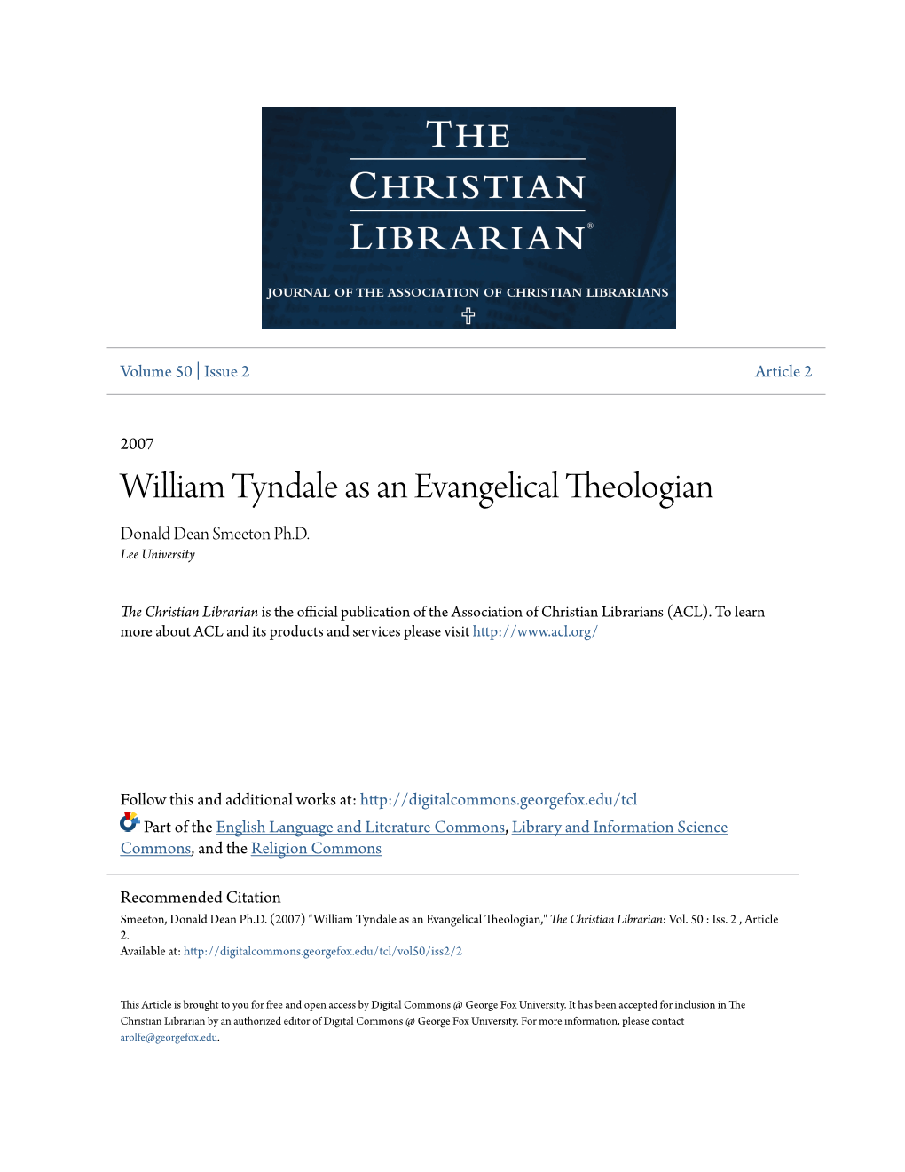 William Tyndale As an Evangelical Theologian Donald Dean Smeeton Ph.D