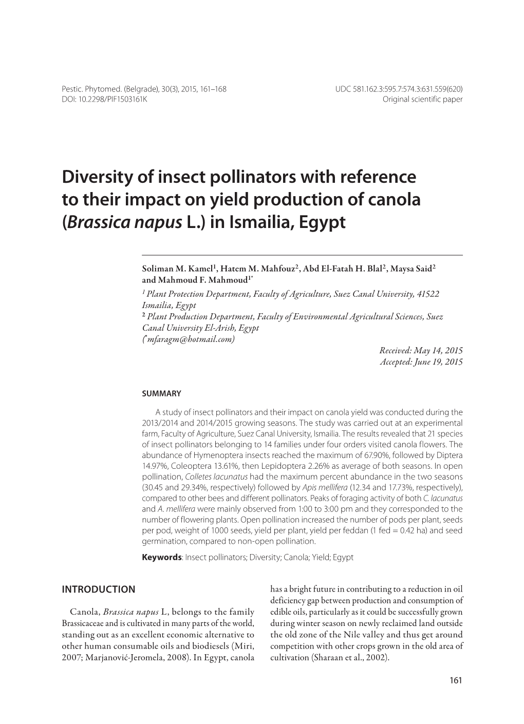 Diversity of Insect Pollinators with Reference to Their Impact on Yield Production of Canola (Brassica Napus L.) in Ismailia, Egypt