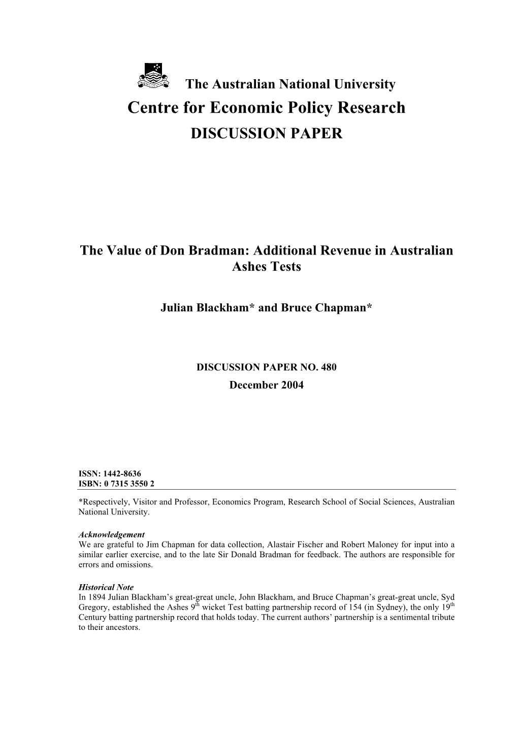 The Value of Don Bradman: Additional Revenue in Australian Ashes Tests