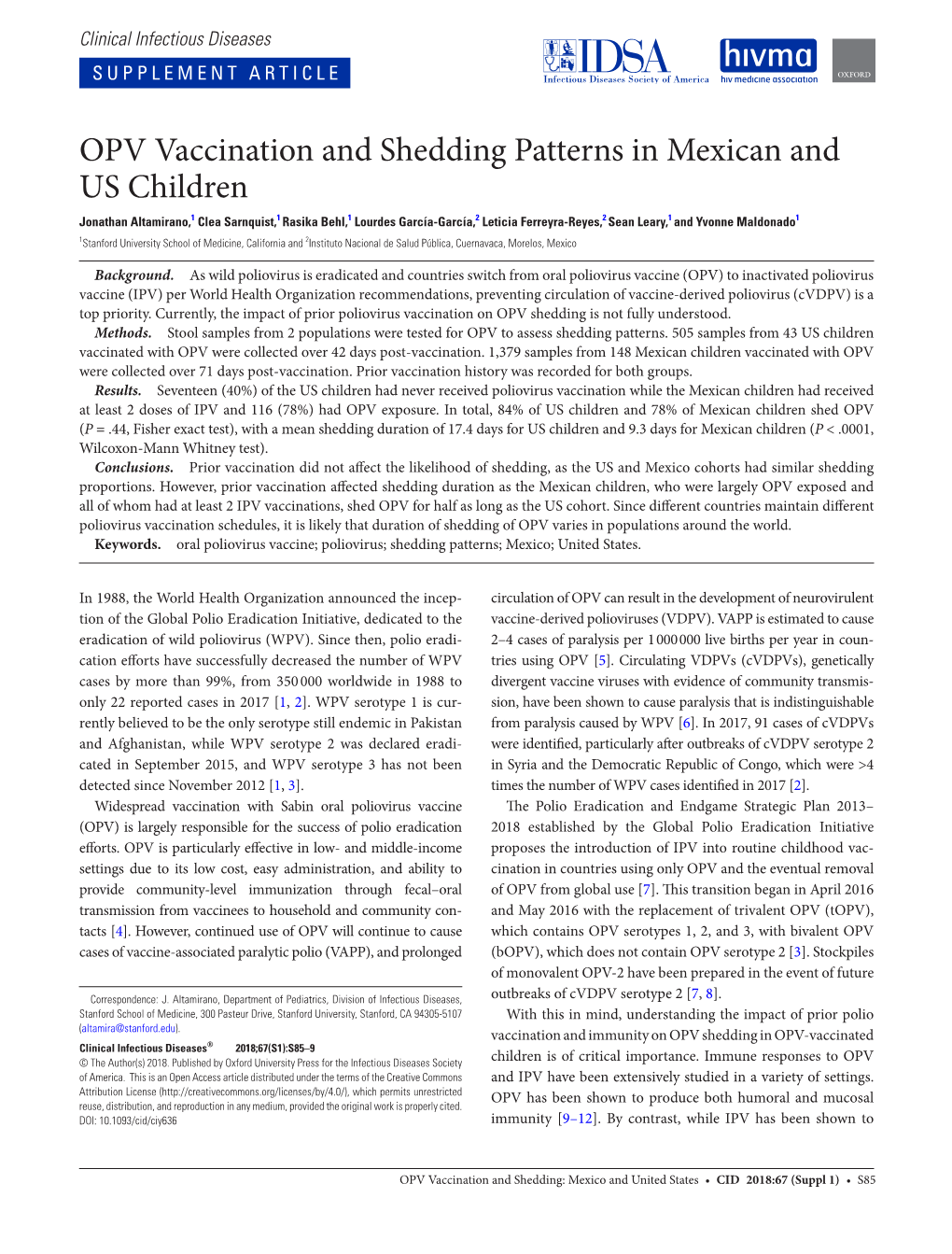 OPV Vaccination and Shedding Patterns in Mexican and US Children