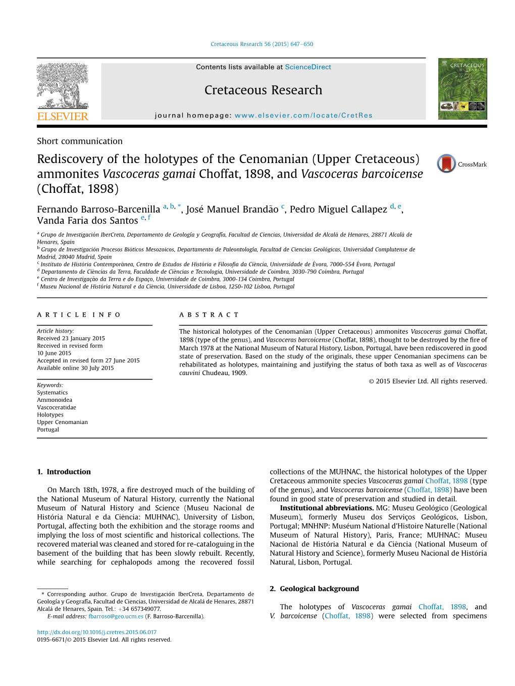 Rediscovery of the Holotypes of the Cenomanian (Upper Cretaceous) Ammonites Vascoceras Gamai Choffat, 1898, and Vascoceras Barcoicense (Choffat, 1898)