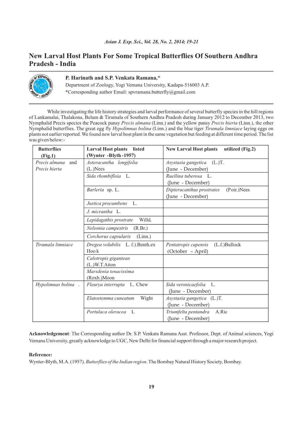 New Larval Host Plants for Some Tropical Butterflies of Southern Andhra Pradesh - India