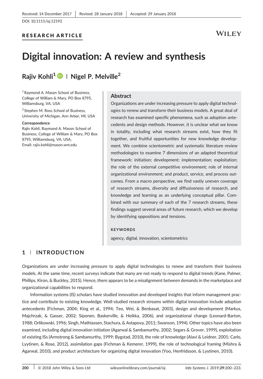 Digital Innovation: a Review and Synthesis