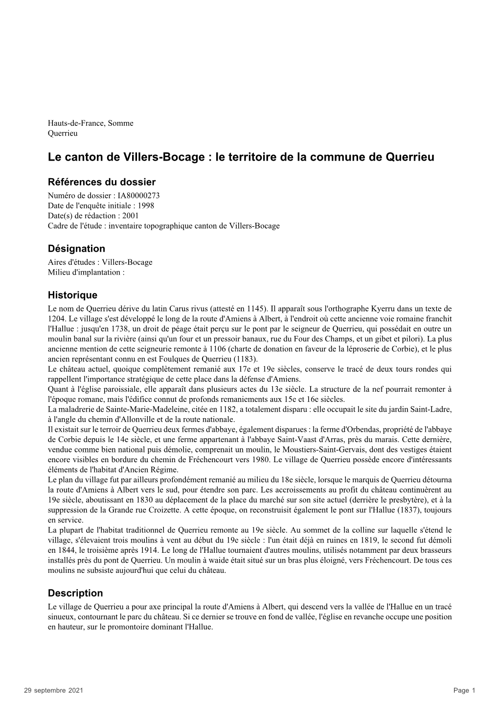 Le Canton De Villers-Bocage : Le Territoire De La Commune De Querrieu