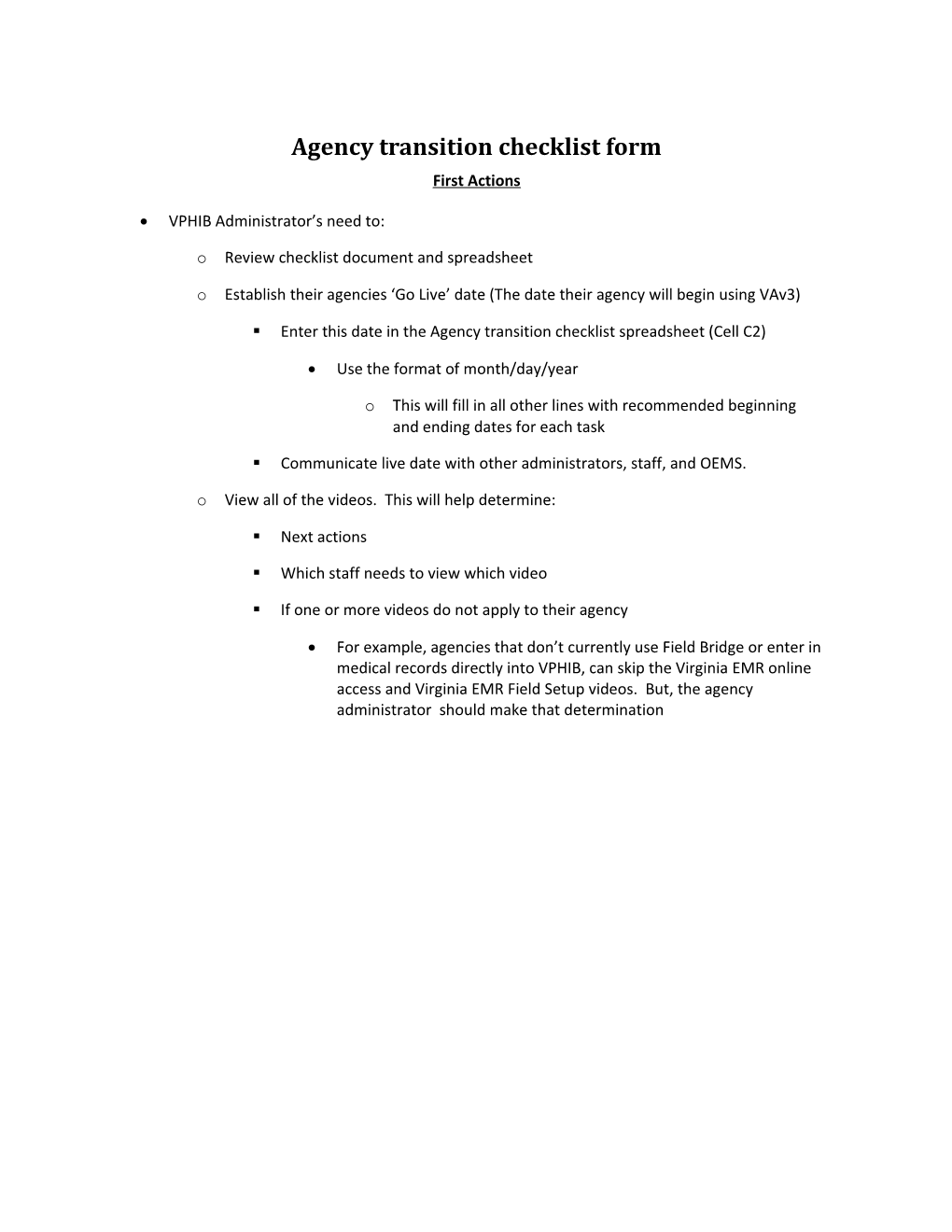 Agency Transition Checklist Form