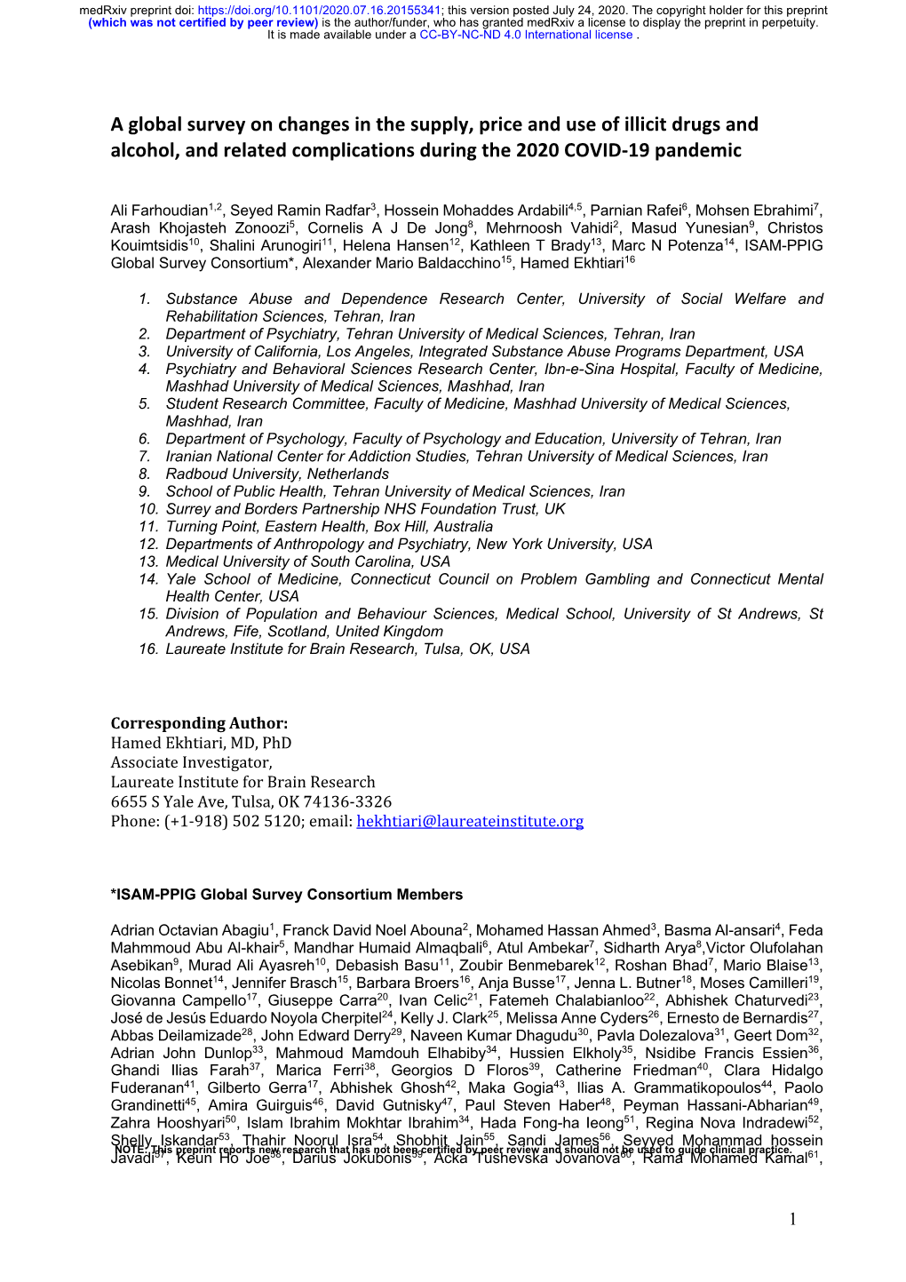 A Global Survey on Changes in the Supply, Price and Use of Illicit Drugs and Alcohol, and Related Complications During the 2020 COVID-19 Pandemic