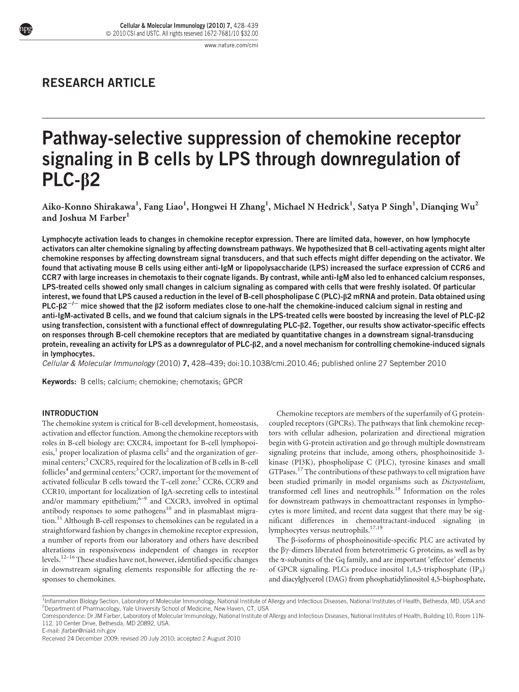 Pathway-Selective Suppression of Chemokine Receptor Signaling in B Cells by LPS Through Downregulation of PLC-B2