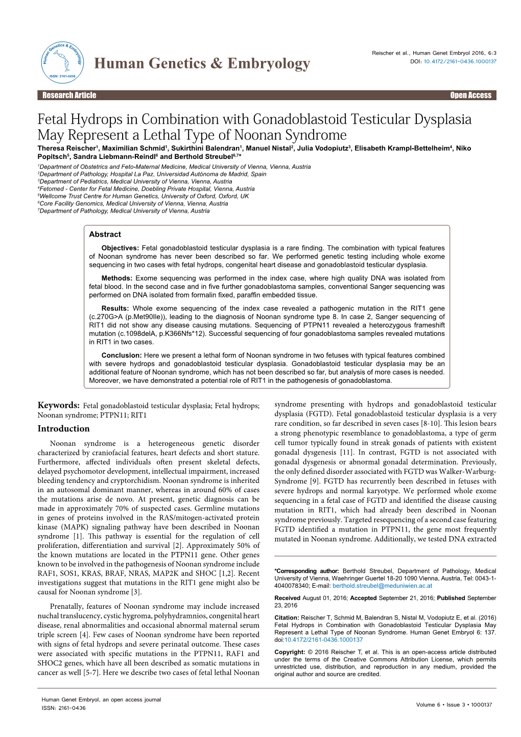 Fetal Hydrops in Combination with Gonadoblastoid Testicular Dysplasia May Represent a Lethal Type of Noonan Syndrome