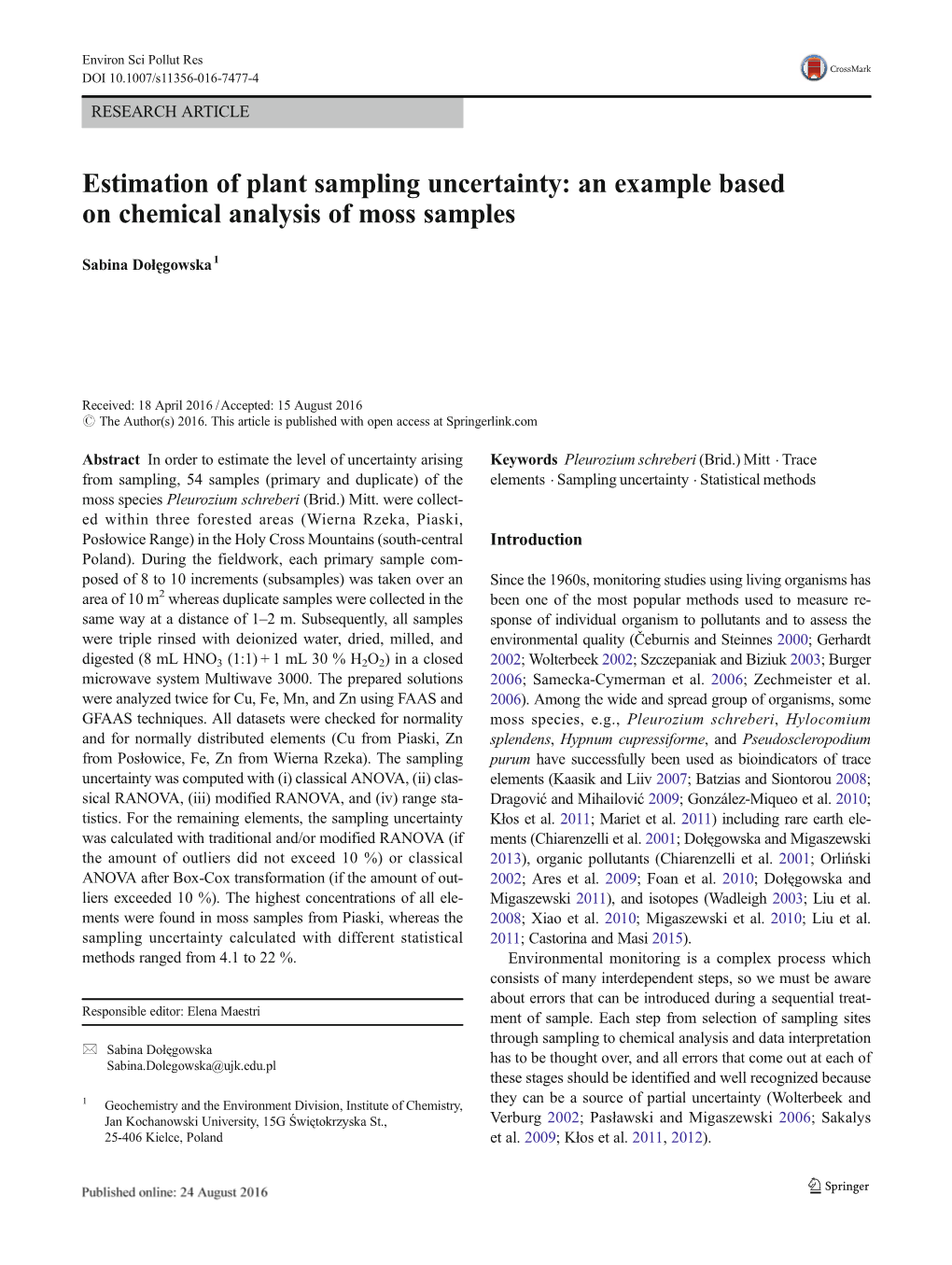 Estimation of Plant Sampling Uncertainty: an Example Based on Chemical Analysis of Moss Samples