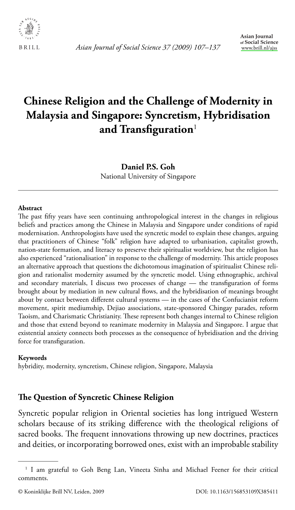 Chinese Religion and the Challenge of Modernity in Malaysia and Singapore: Syncretism, Hybridisation and Transﬁ Guration1