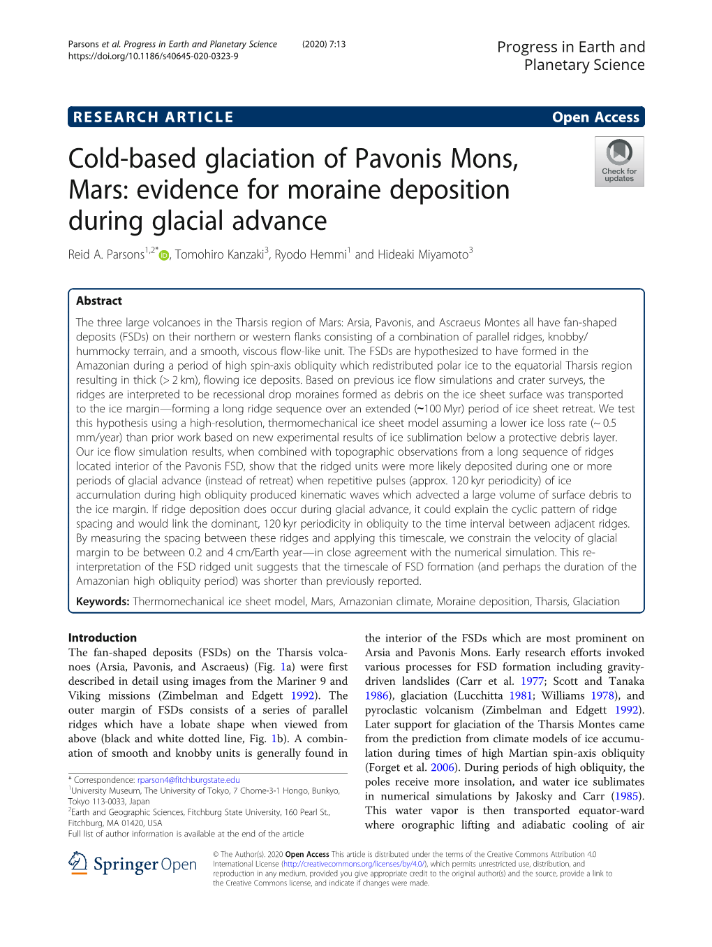 Cold-Based Glaciation of Pavonis Mons, Mars: Evidence for Moraine Deposition During Glacial Advance Reid A