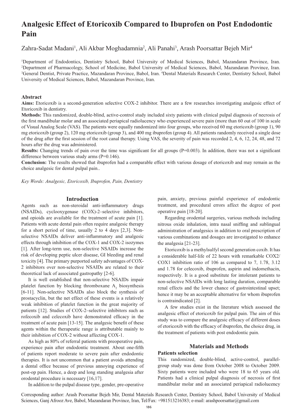 Analgesic Effect of Etoricoxib Compared to Ibuprofen on Post Endodontic Pain