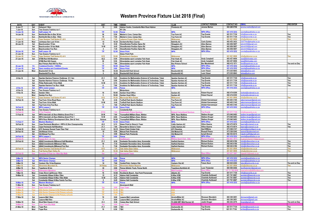 Western Province Fixture List 2018 (Final)