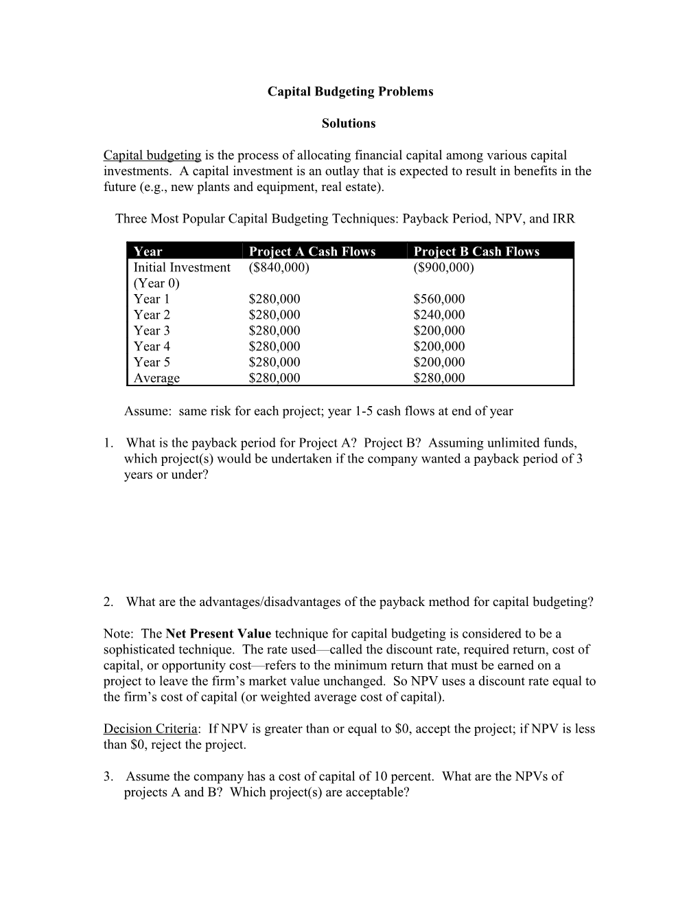 Capital Budgeting Problems