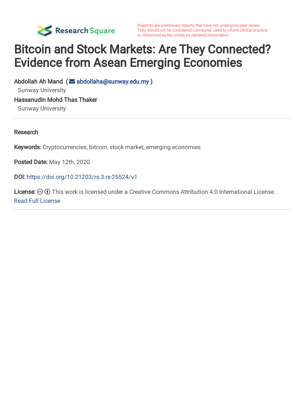 TITLE PAGE Bitcoin and Stock Markets. Are They Connected? Evidence from Asean Emerging Economies Abdollah Ah Mand*1, Hassanudin