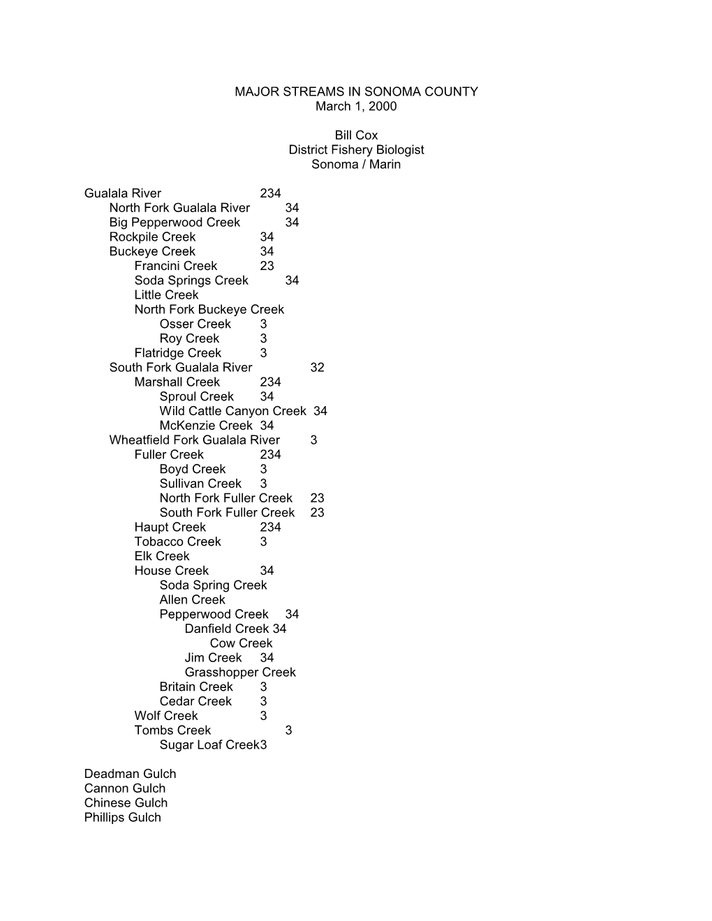 MAJOR STREAMS in SONOMA COUNTY March 1, 2000