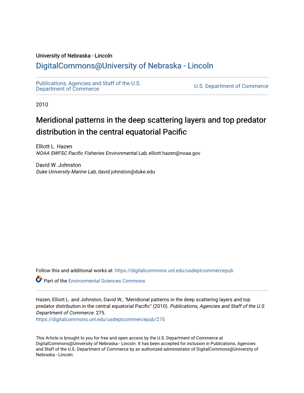 Meridional Patterns in the Deep Scattering Layers and Top Predator Distribution in the Central Equatorial Pacific