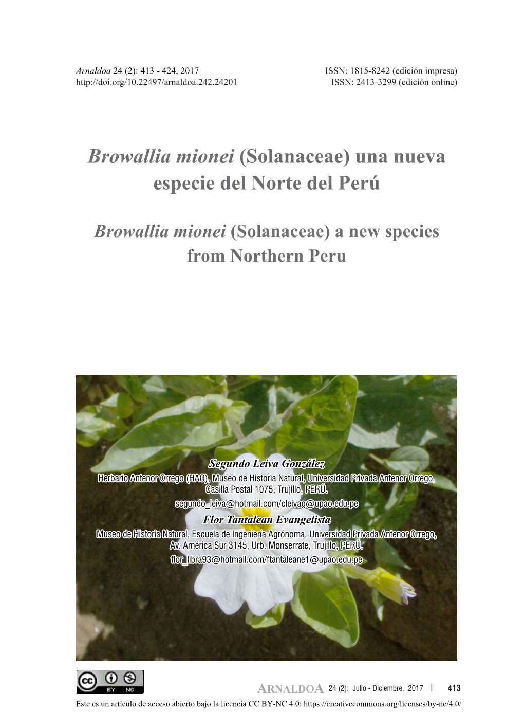Browallia Mionei (Solanaceae) Una Nueva Especie Del Norte Del Perú