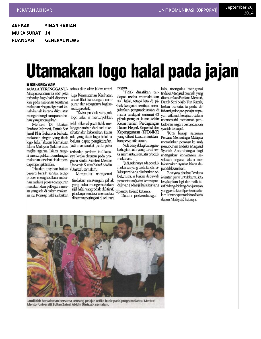 Keratan Akhbar Unit Komunikasi Korporat 2014