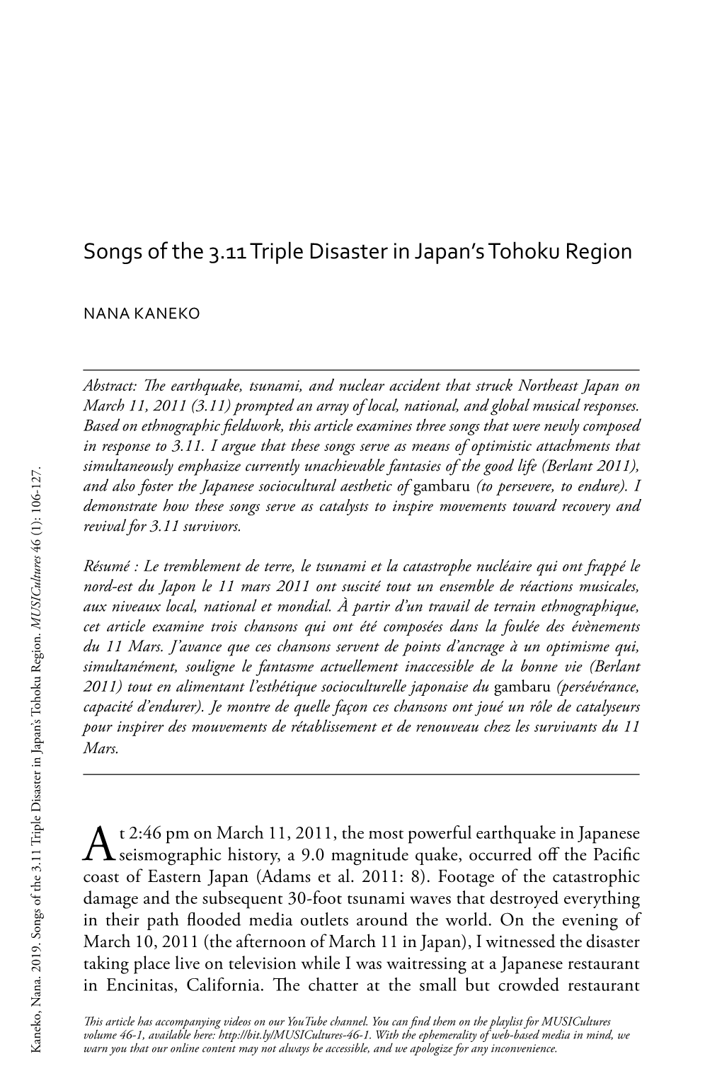 Songs of the 3.11 Triple Disaster in Japan's Tohoku Region