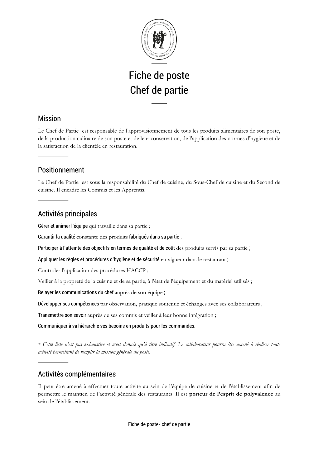 Fiche De Poste Chef De Partie