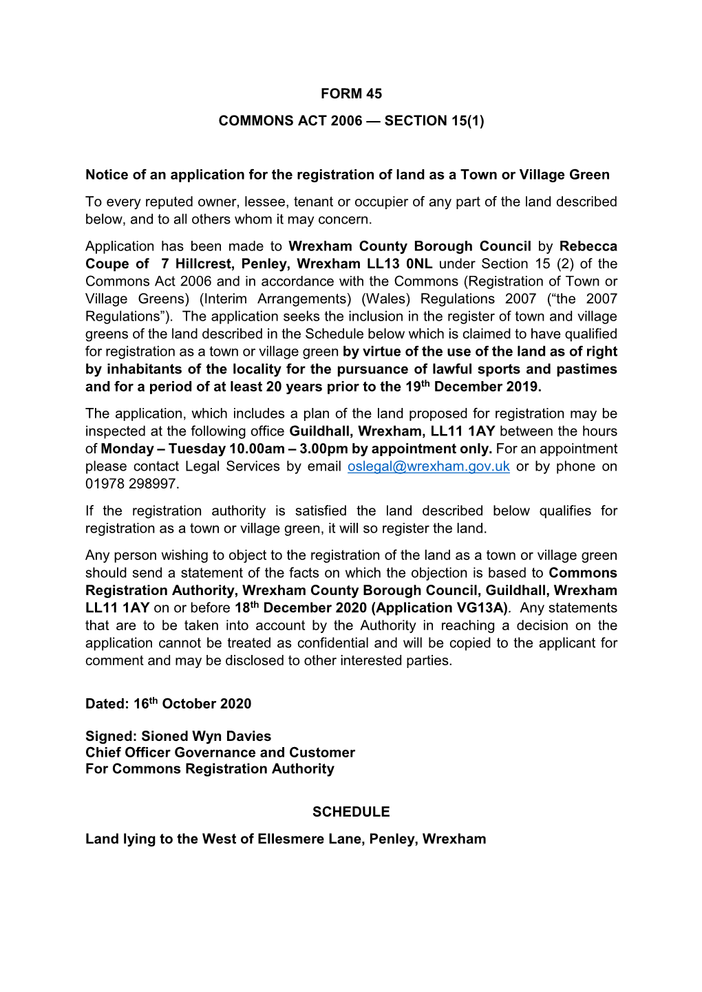 Notice of an Application for the Registration of Land As a Town Or Village Green