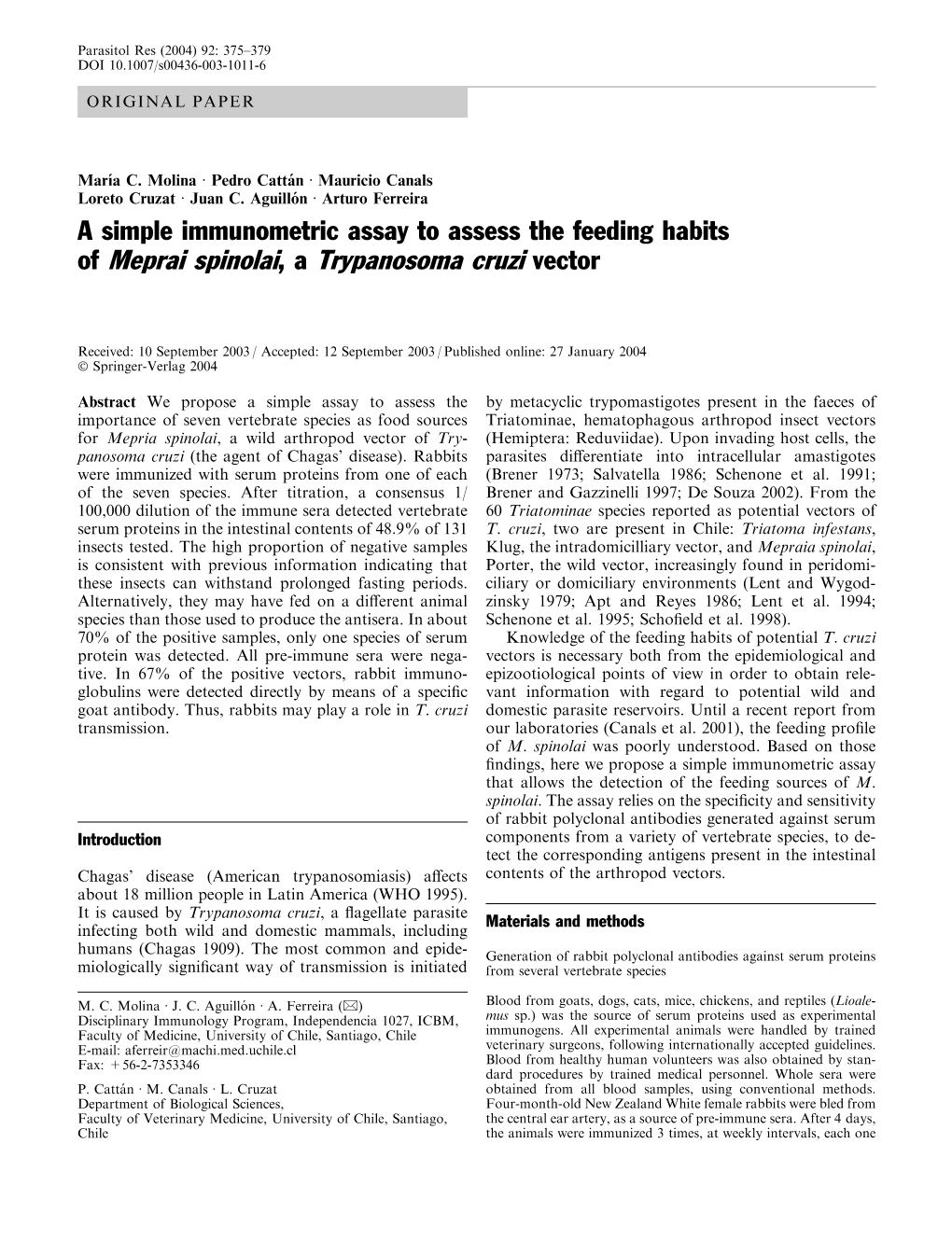 A Simple Immunometric Assay to Assess the Feeding Habits of Meprai Spinolai, a Trypanosoma Cruzi Vector