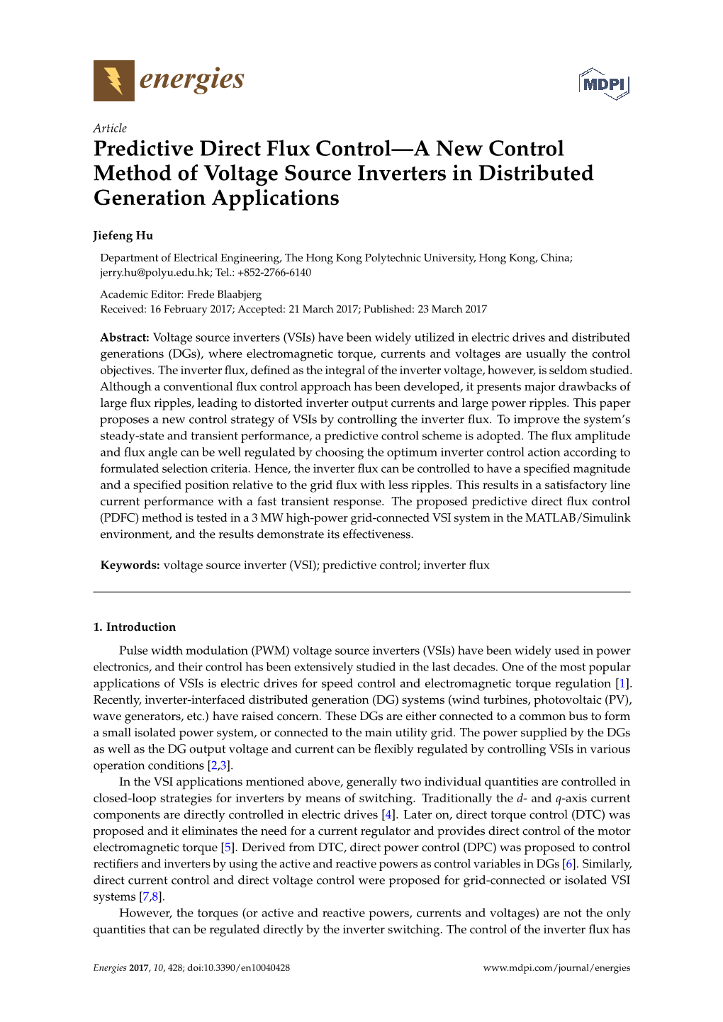 Predictive Direct Flux Control—A New Control Method of Voltage Source Inverters in Distributed Generation Applications