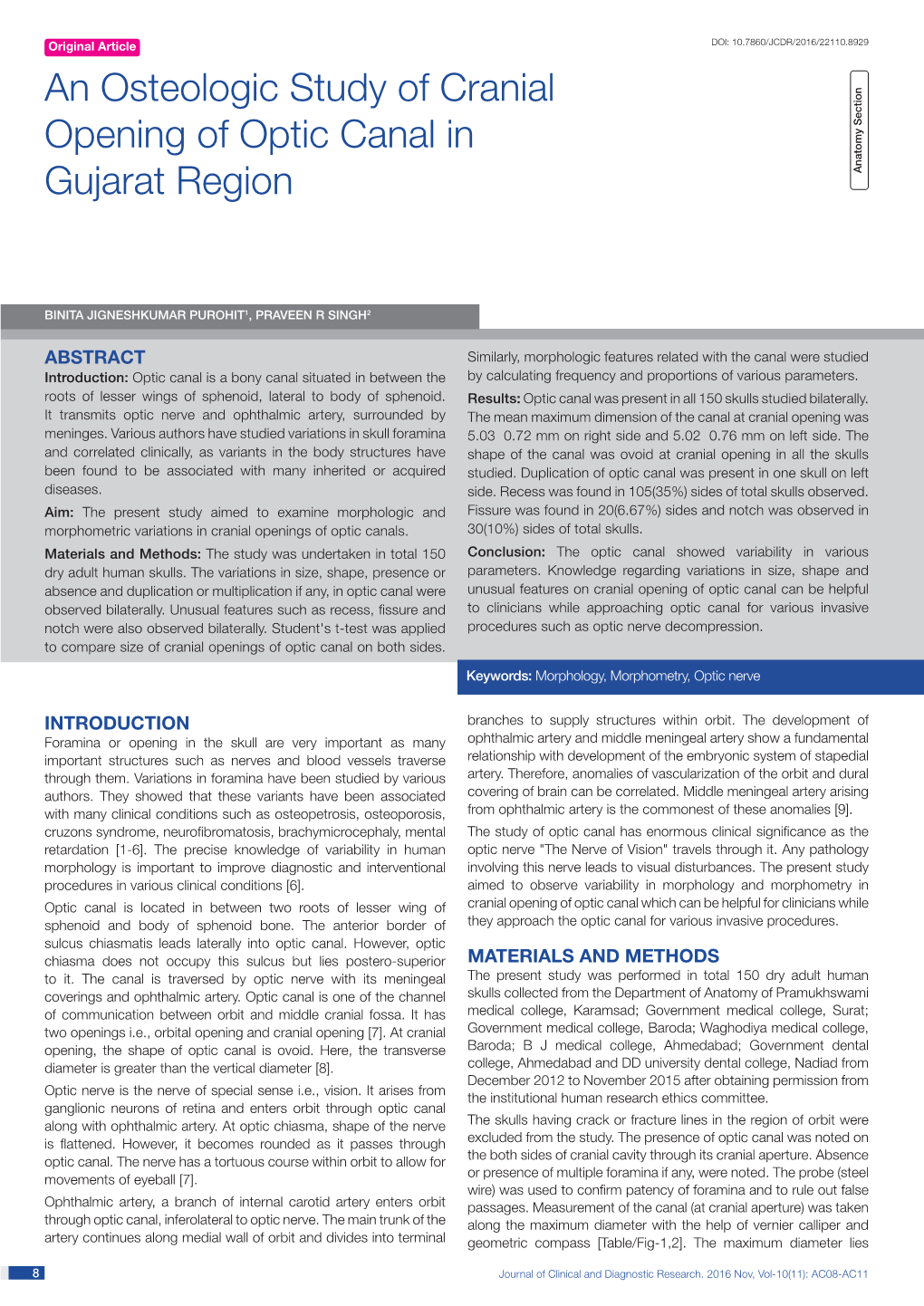 An Osteologic Study of Cranial Opening of Optic Canal in Gujarat Region