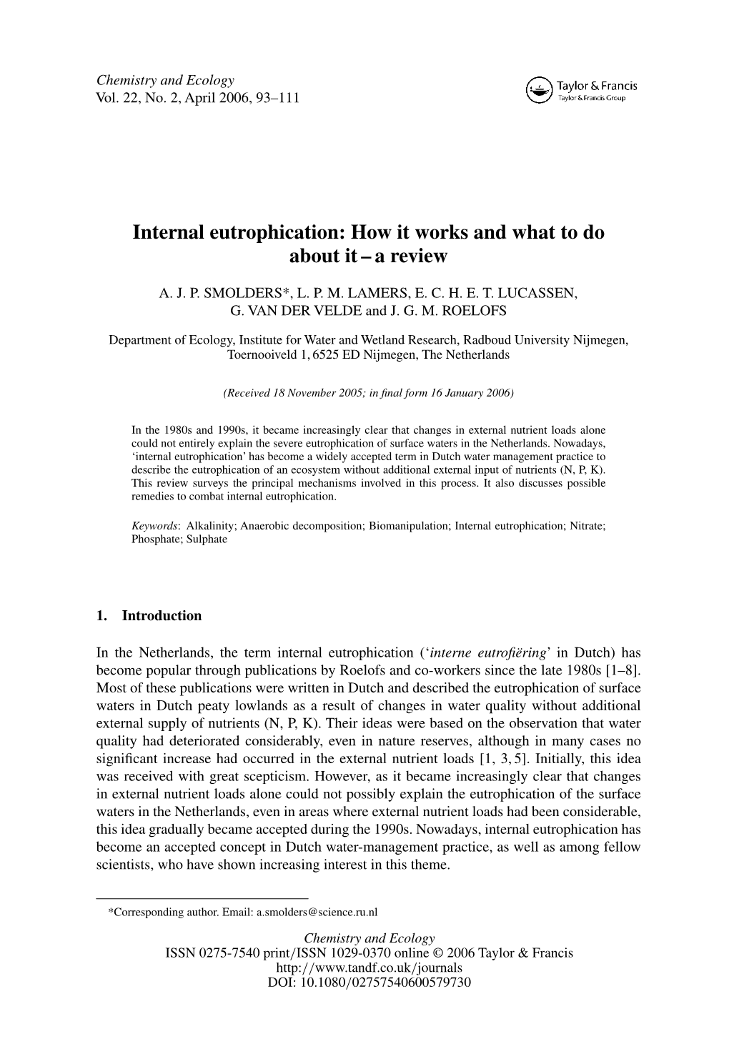 Internal Eutrophication: How It Works and What to Do About It – a Review