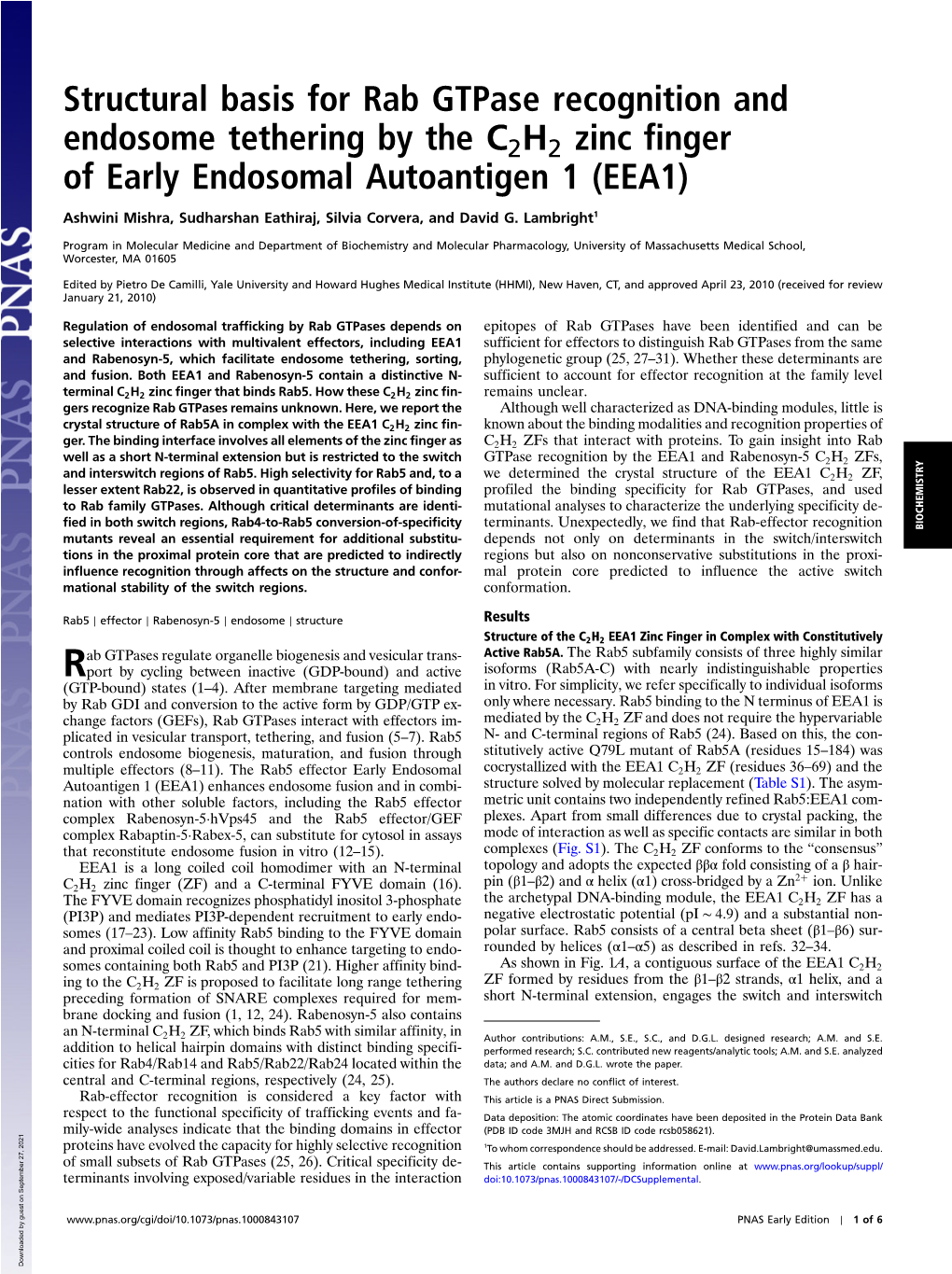 Structural Basis for Rab Gtpase Recognition and Endosome Tethering by the C2H2 Zinc Finger of Early Endosomal Autoantigen 1 (EEA1)