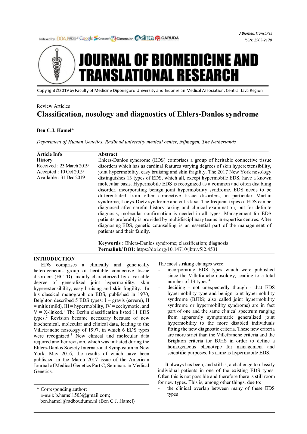 Classification, Nosology and Diagnostics of Ehlers-Danlos Syndrome