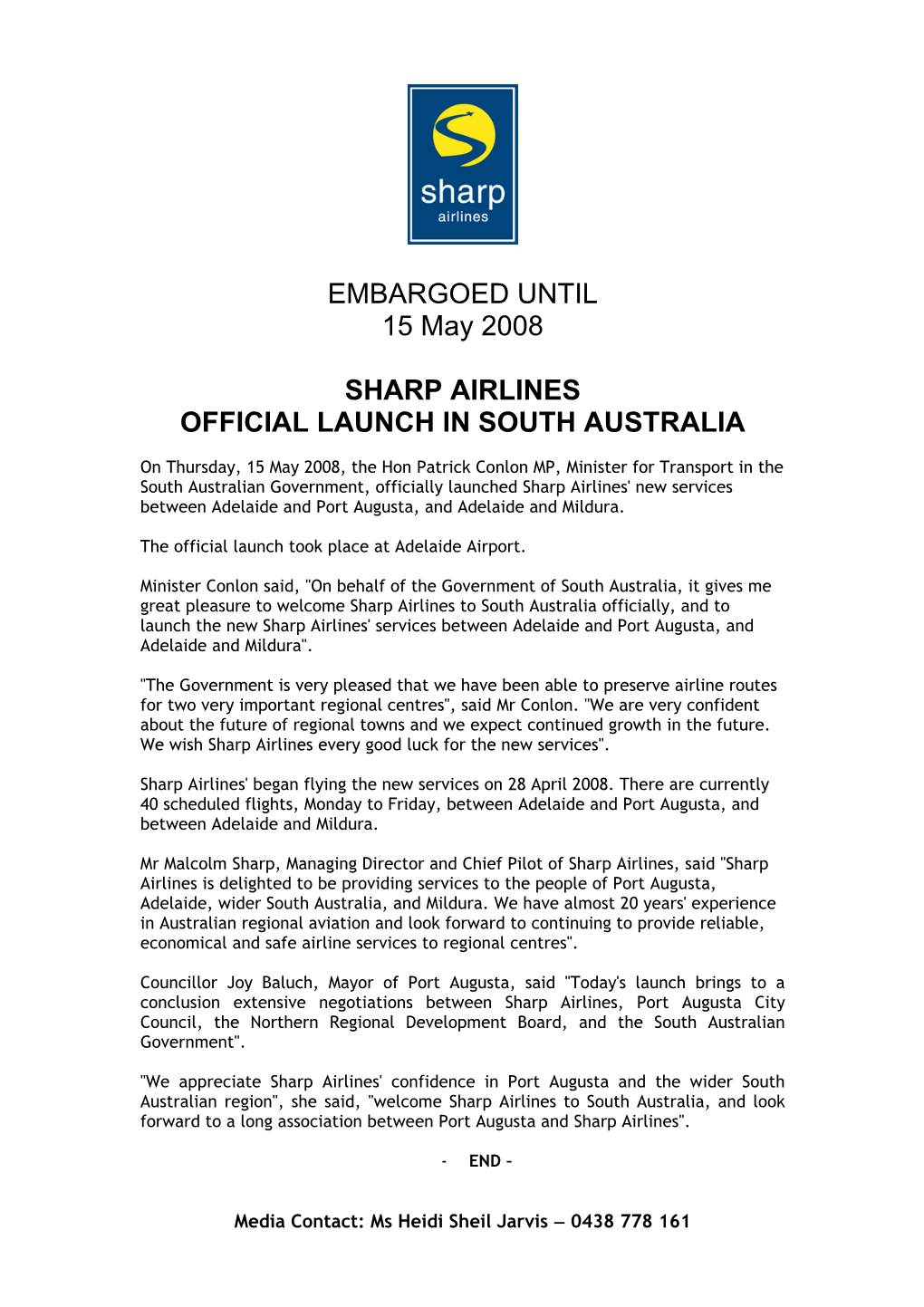 Sharp Airlines Official Launch in South Australia