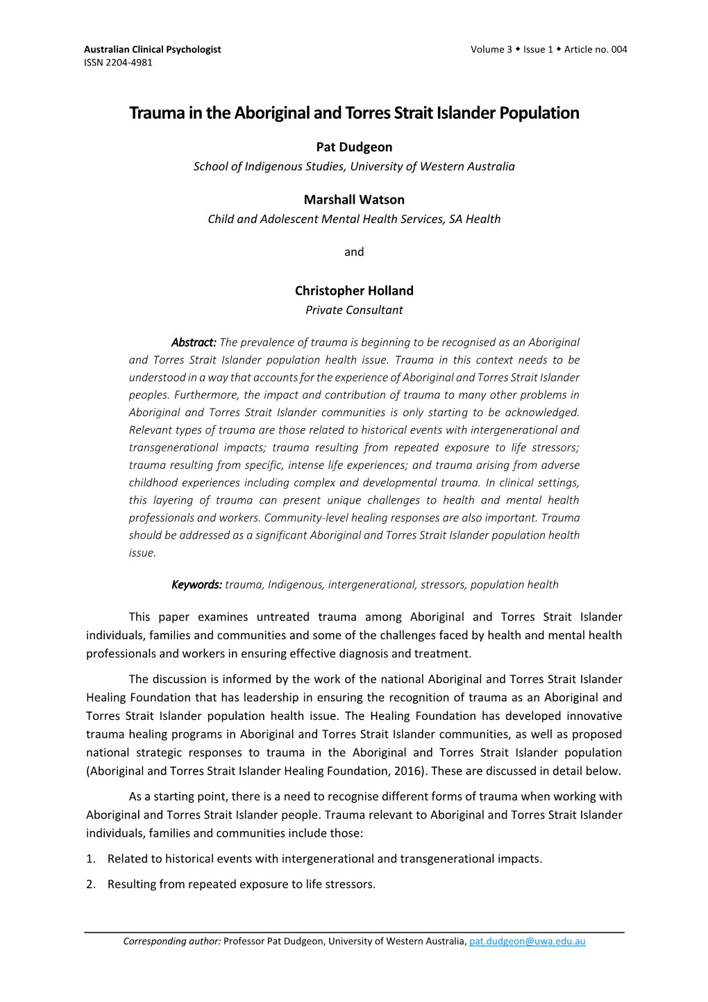 Trauma in the Aboriginal and Torres Strait Islander Population