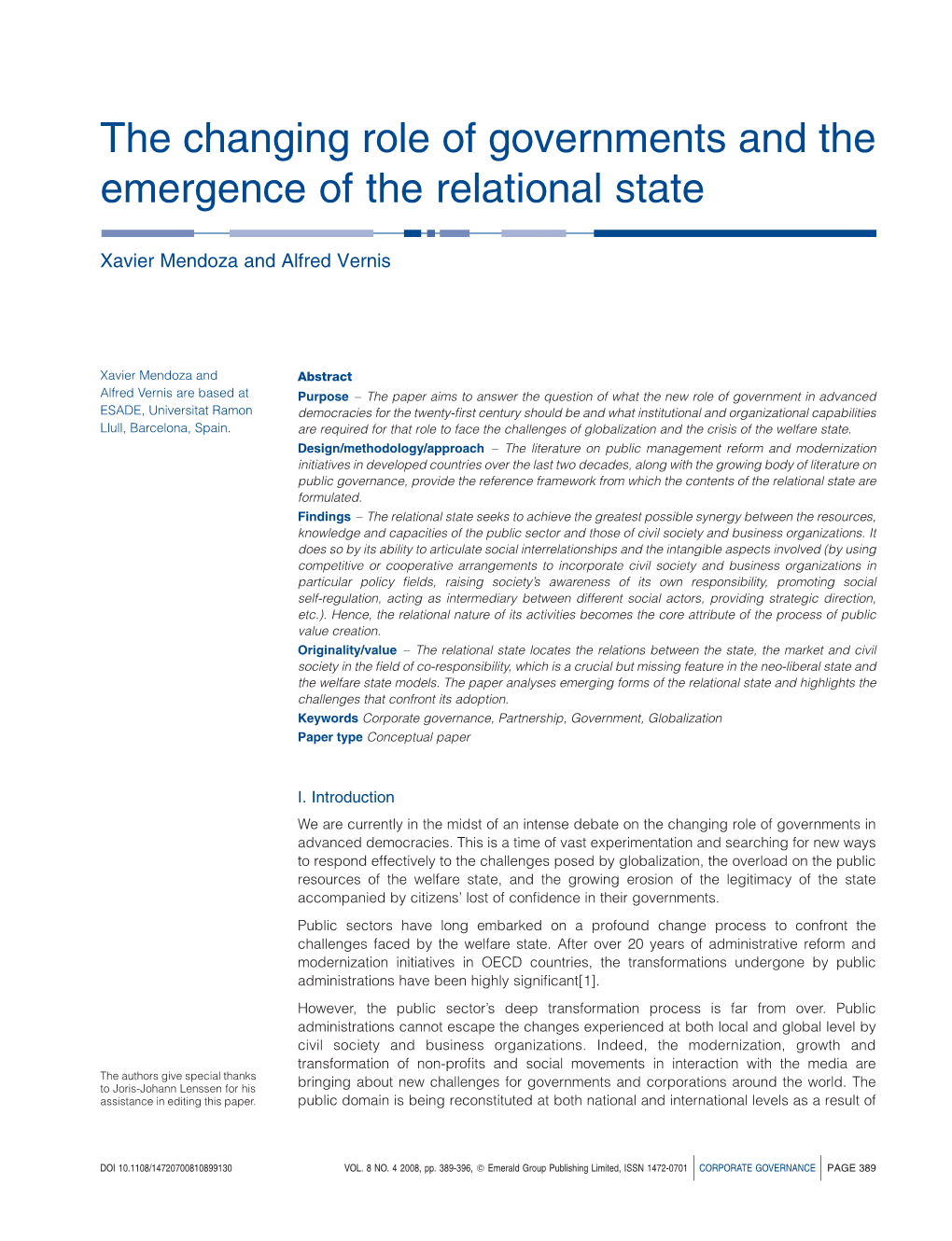 The Changing Role of Governments and the Emergence of the Relational State