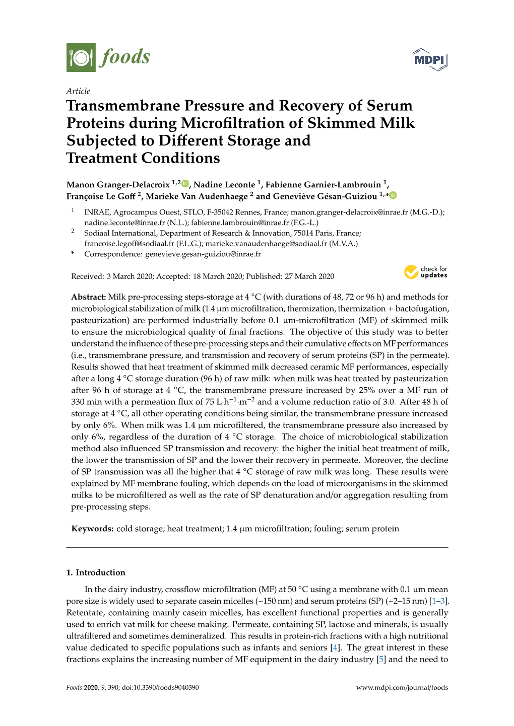 Transmembrane Pressure and Recovery of Serum Proteins During Microﬁltration of Skimmed Milk Subjected to Diﬀerent Storage and Treatment Conditions