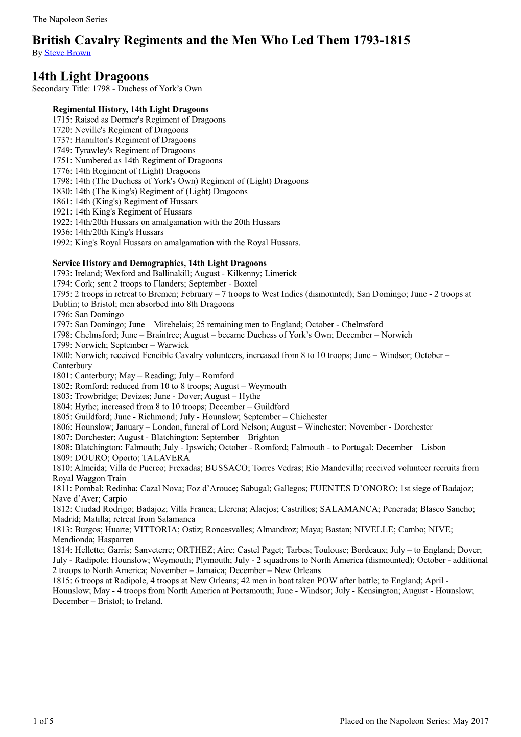 British Cavalry Regiments and the Men Who Led Them 1793-1815 by Steve Brown 14Th Light Dragoons Secondary Title: 1798 - Duchess of York’S Own