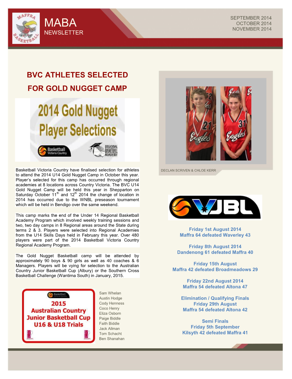 Bvc Athletes Selected for Gold Nugget Camp