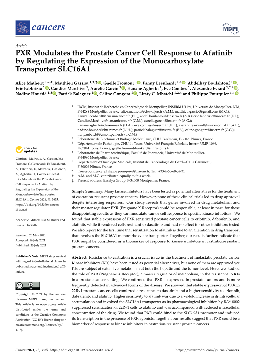 PXR Modulates the Prostate Cancer Cell Response to Afatinib by Regulating the Expression of the Monocarboxylate Transporter SLC16A1