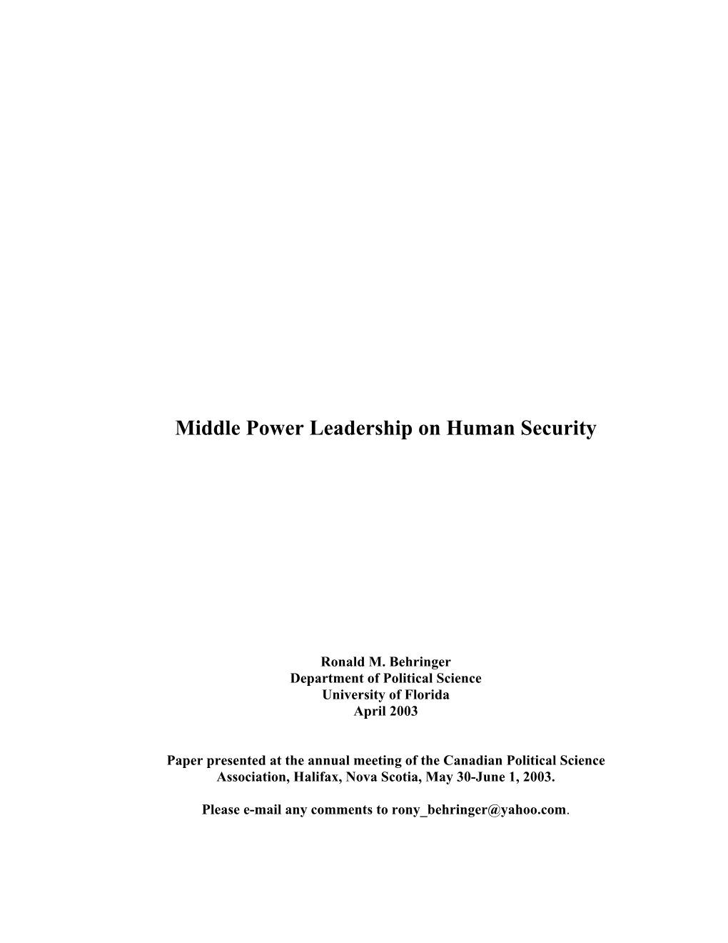 Middle Power Leadership on Human Security