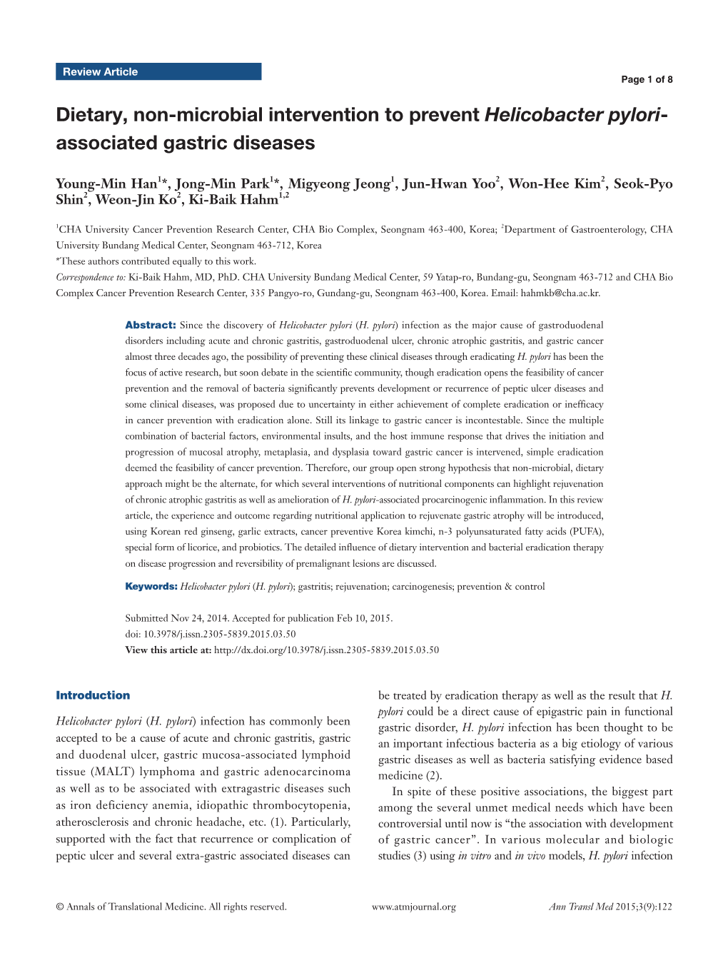 Dietary, Non-Microbial Intervention to Prevent Helicobacter Pylori- Associated Gastric Diseases