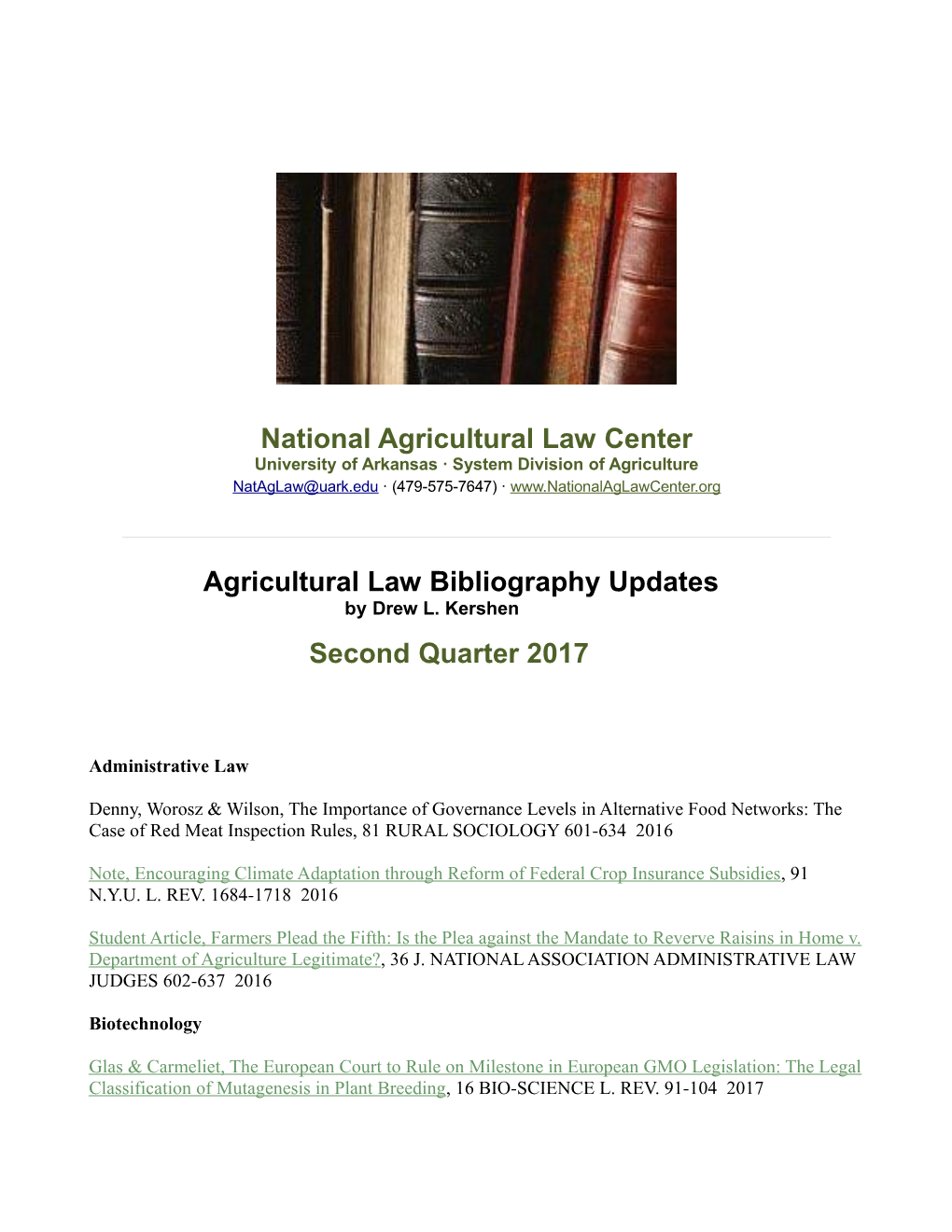 National Agricultural Law Center Agricultural Law Bibliography