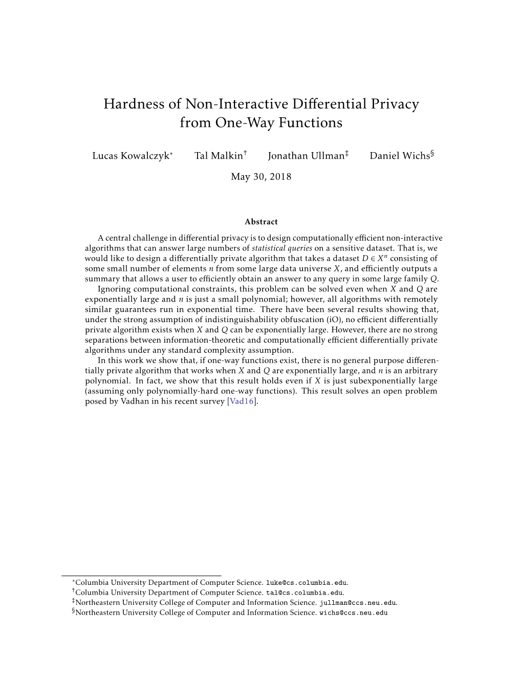 Hardness of Non-Interactive Differential Privacy from One-Way