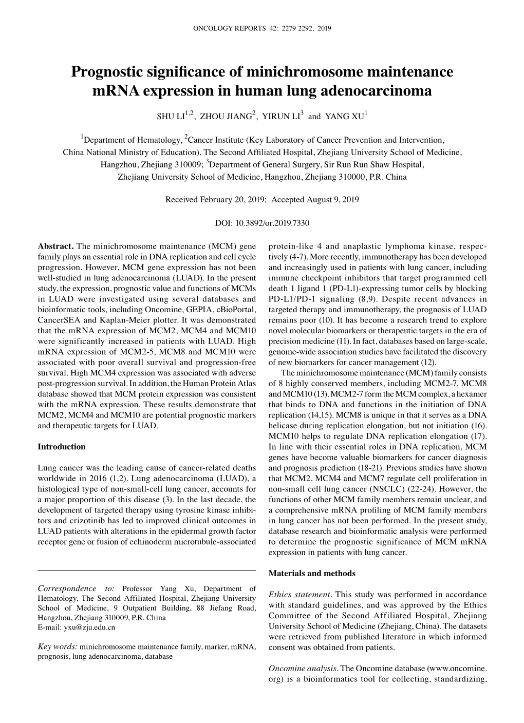 Prognostic Significance of Minichromosome Maintenance Mrna Expression in Human Lung Adenocarcinoma