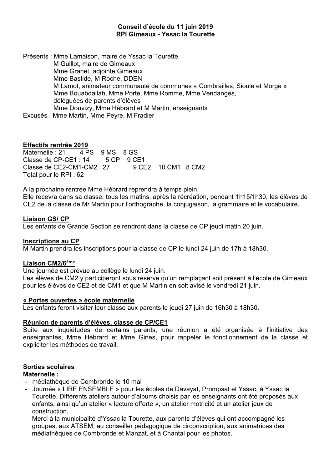 Conseil D'école Du 11 Juin 2019 RPI Gimeaux