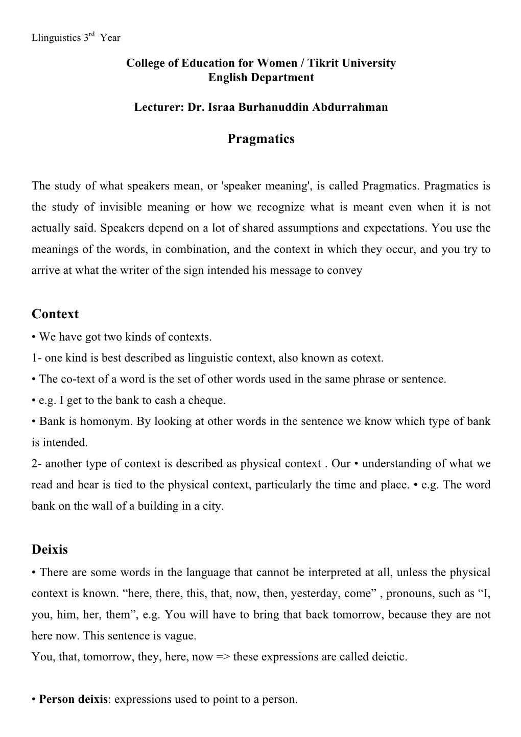 Pragmatics Context Deixis